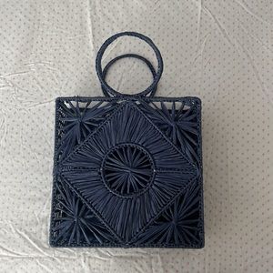 House of Harlow Hand Woven Basket Rattan Bohemian Wicker Blue Clutch Purse